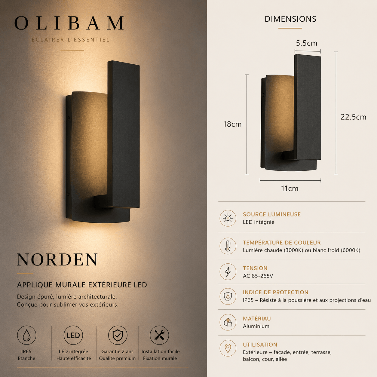 Applique murale extérieure LED NORDEN – Aluminium IP65, design architectural