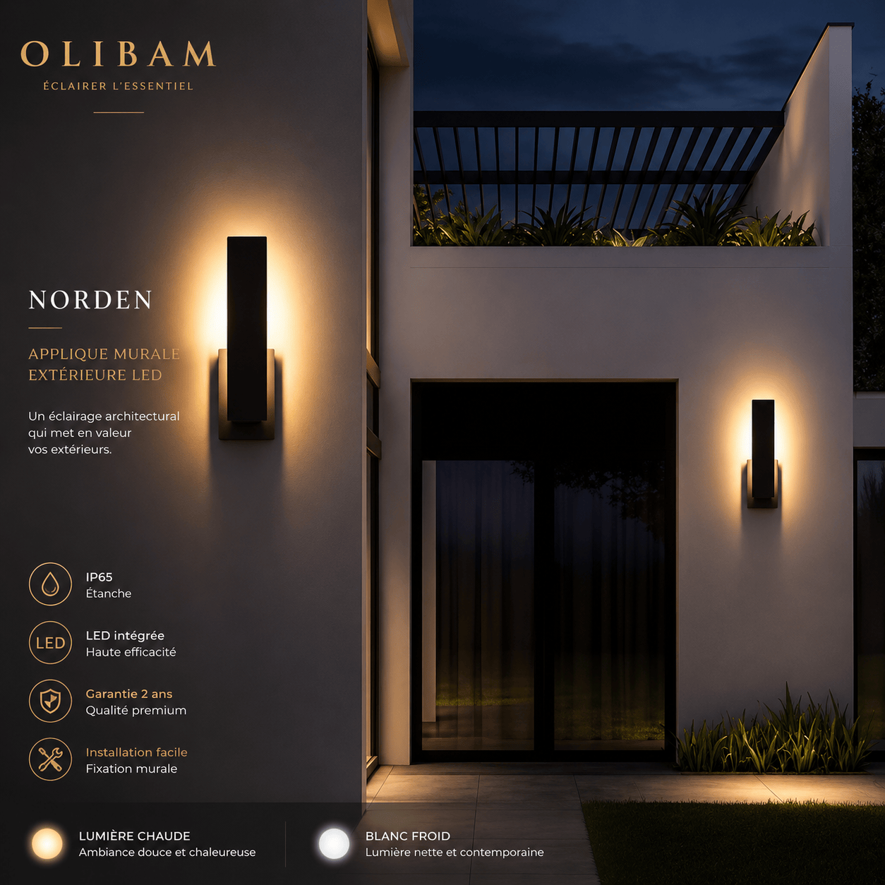 Applique murale extérieure LED NORDEN – Aluminium IP65, design architectural