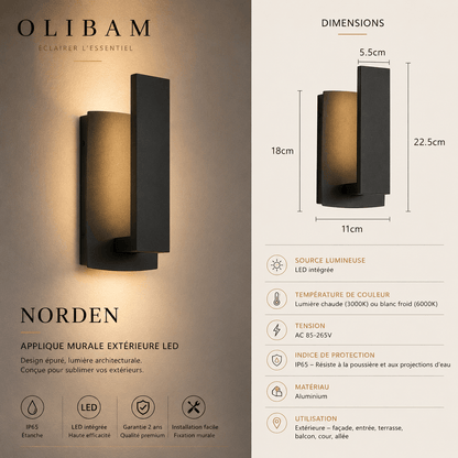 Applique murale extérieure LED NORDEN – Aluminium IP65, design architectural