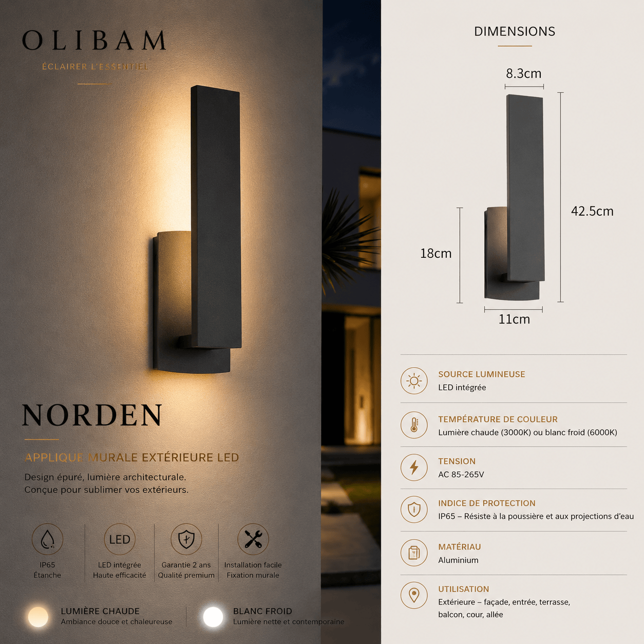 Applique murale extérieure LED NORDEN – Aluminium IP65, design architectural