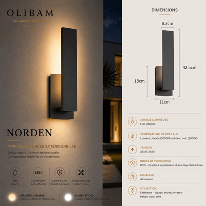 Applique murale extérieure LED NORDEN – Aluminium IP65, design architectural