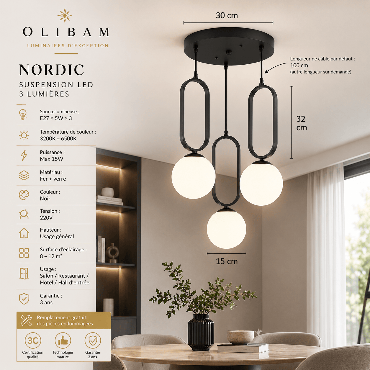 Suspension NORDIC – Suspension 3 lumières au design nordique