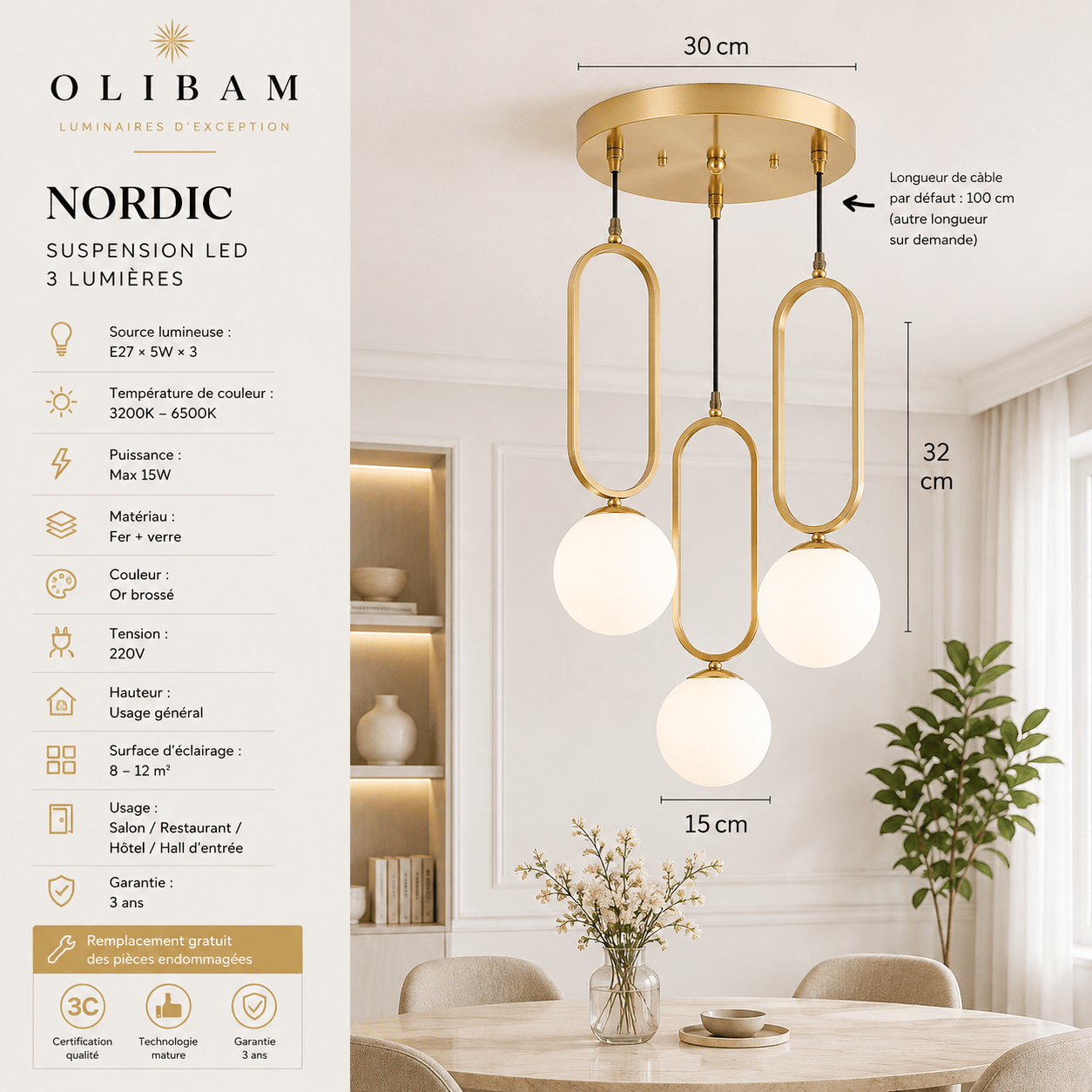 Suspension NORDIC – Suspension 3 lumières au design nordique