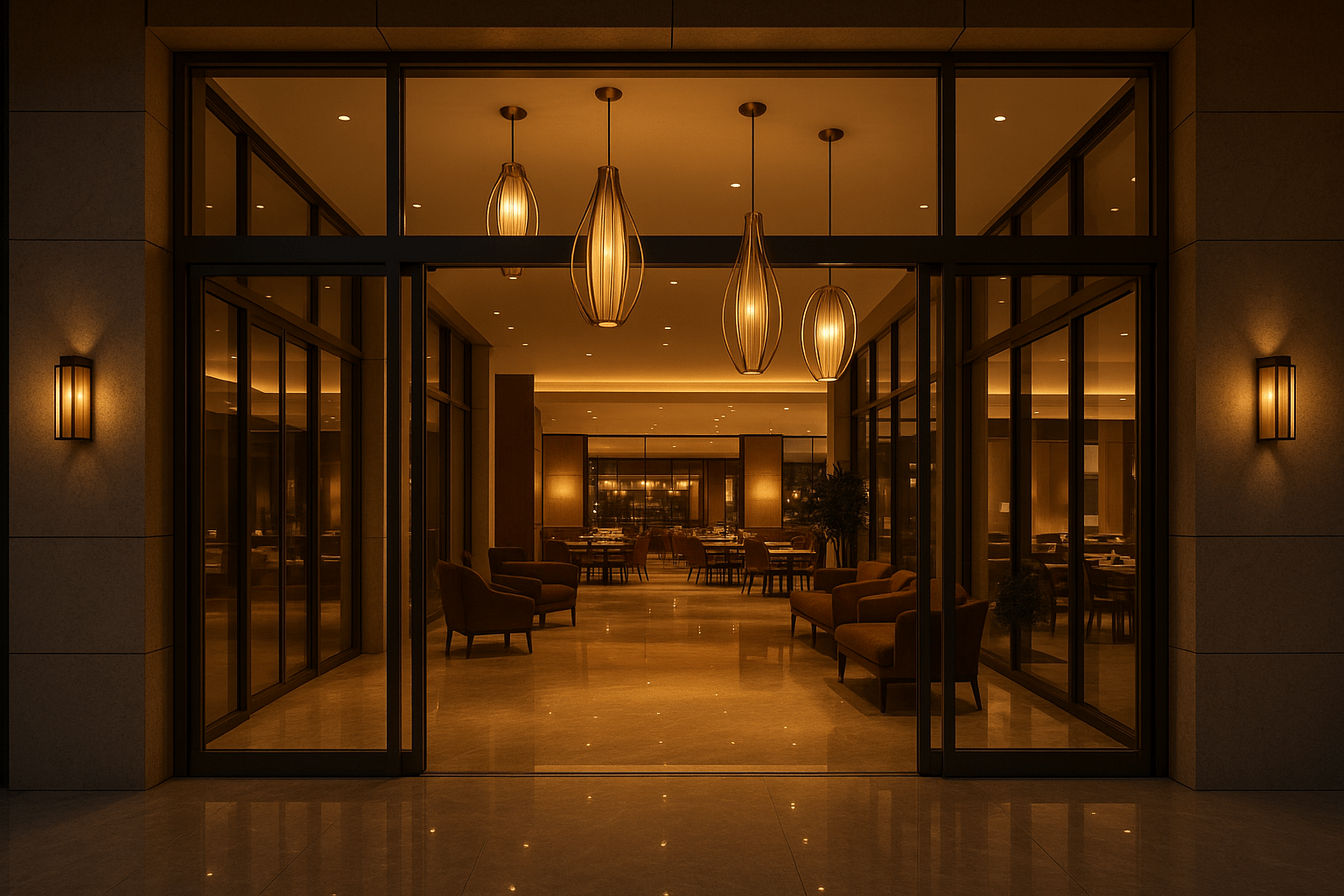 hotel et restaurats,  image avec des luminaires suspension rive entrée dun hotel 